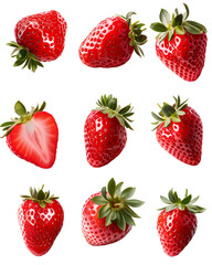 Fresh Red Strawberries with Green Leaves, Isolated on Transparent Background, PNG