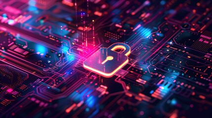 Obraz premium Futuristic digital padlock symbolizing cybersecurity on a vibrant abstract background