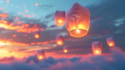 floating lanterns with soft light wallpaper background anime scene