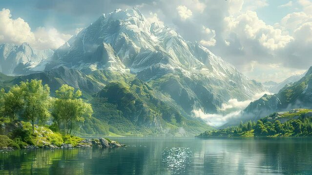 Animation Majestic Mountain Reflections on Serene Lake generated with ai