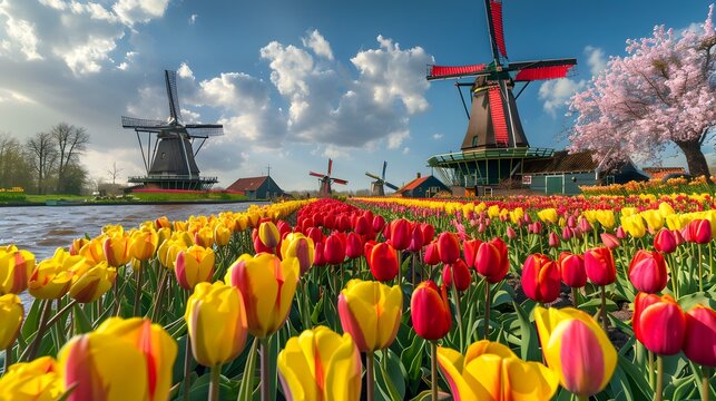 tulip fields against ancient image
