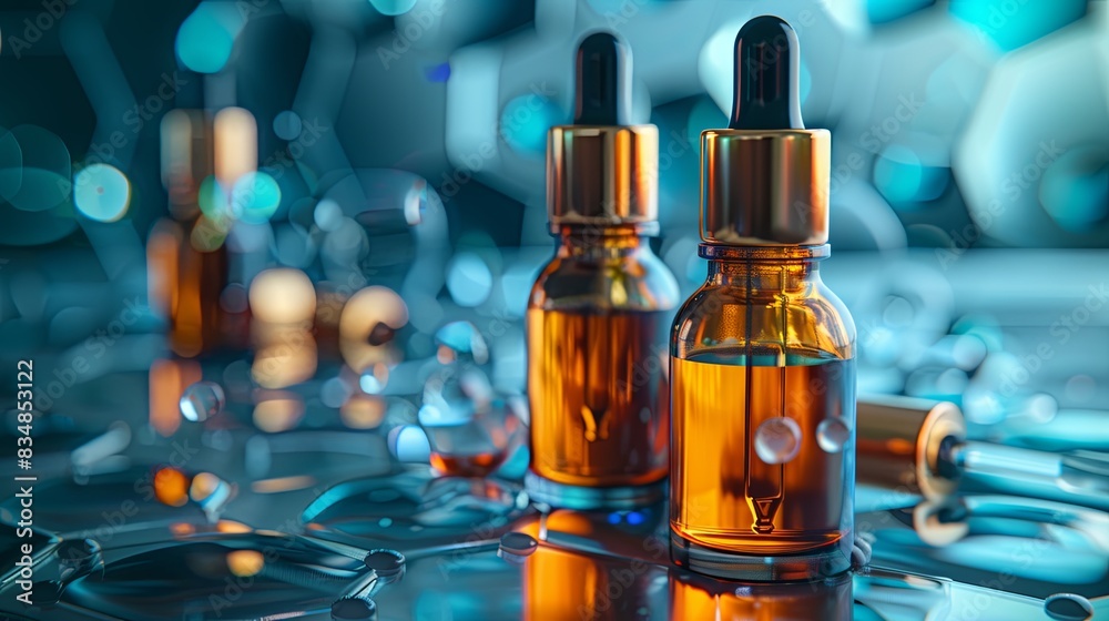 Poster close-up image of glass bottles filled with serum, featuring droplets on a surface with a blurred ba