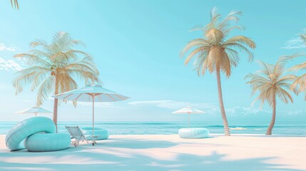 Obraz premium Palm trees, chairs, umbrellas on beach