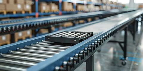 Top view of warehouse conveyor system automating delivery processes in a warehouse. Concept Warehouse Automation, Conveyor Systems, Delivery Process, Top View, Logistics Management
