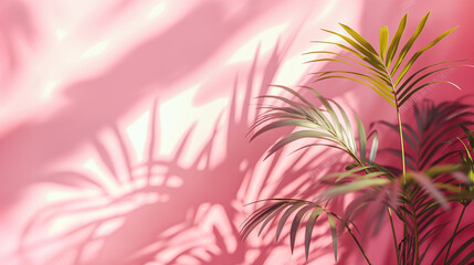 Blurred shadow from palm leaves on the light pink wall. Minimal abstract background for product presentation. Spring and summer. Peach Fuzz Color of the year 2024.