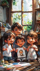 Vector image of kids painting and drawing together in an art class for Children's Day.