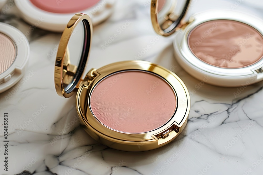 Poster a close-up view of two compact cases containing powder and blush, showcasing their rich colors and e