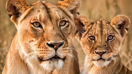 Fototapeta premium African lioness portrait with maternal gaze and protective instinct