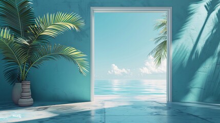 Door to pool and palm tree