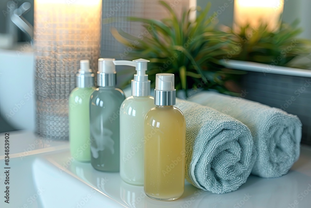 Aufkleber luxurious bottles of shampoo and conditioner in a modern bathroom setting. generative ai