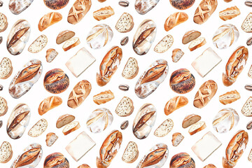 Watercolor illustration style of Flat Lay Bread Variety. Clean Design. White Background. Loaves and Slices Scattered Neatly. Great for Bakeries, Cafes, Restaurants, and More.