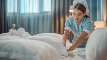 Young Housekeeper in Uniform Tidying Up Bed in Hotel Room
