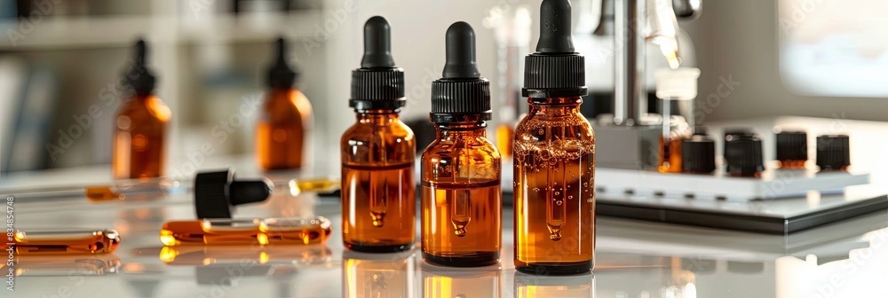 Poster Close-up of three glass bottles with droppers and liquid serums on a lab bench. Generative AI