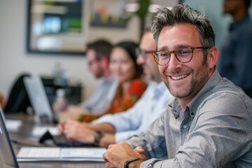 Fototapeta premium A project manager oversees a team, guiding them with professionalism towards a successful delivery.