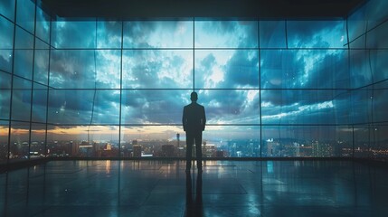 Busines man stand watch virtual dashboard, digital bussines background, back view