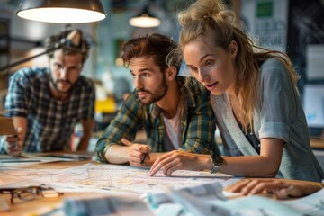 A team of professionals collaborates on a blank mockup, each contributing their expertise for a flawless result.