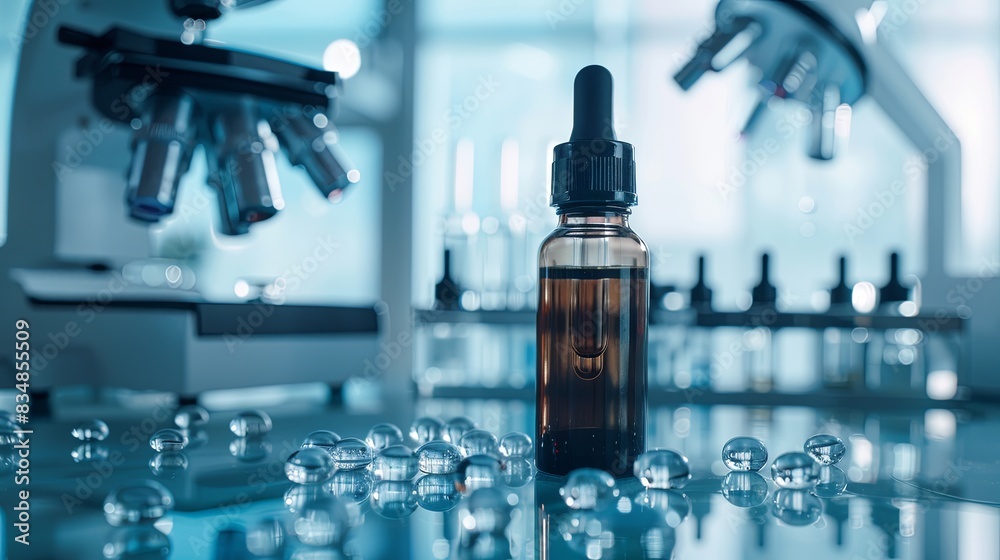 Poster A glass dropper bottle of serum sits on a laboratory table with droplets of liquid scattered nearby. A microscope and other lab tools are in the blurry background. Generative AI
