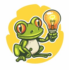Obraz premium Whimsical frog cartoon logo with lightbulb eyes, symbolizing creativity. Cartoon frog mascot with big, expressive eyes and a bright lightbulb.