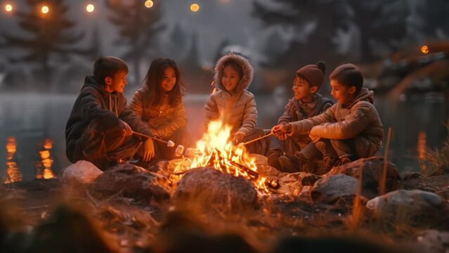 Group of friends roasting marshmallows over a campfire.