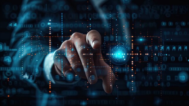 Businessman pressing modern buttons against a virtual background