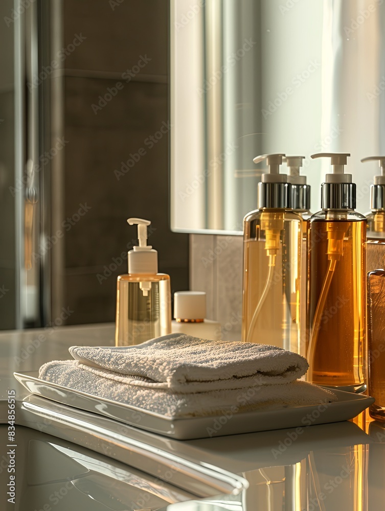 Poster luxurious shampoo and conditioner bottles sit on a counter in a modern bathroom, reflecting sunlight