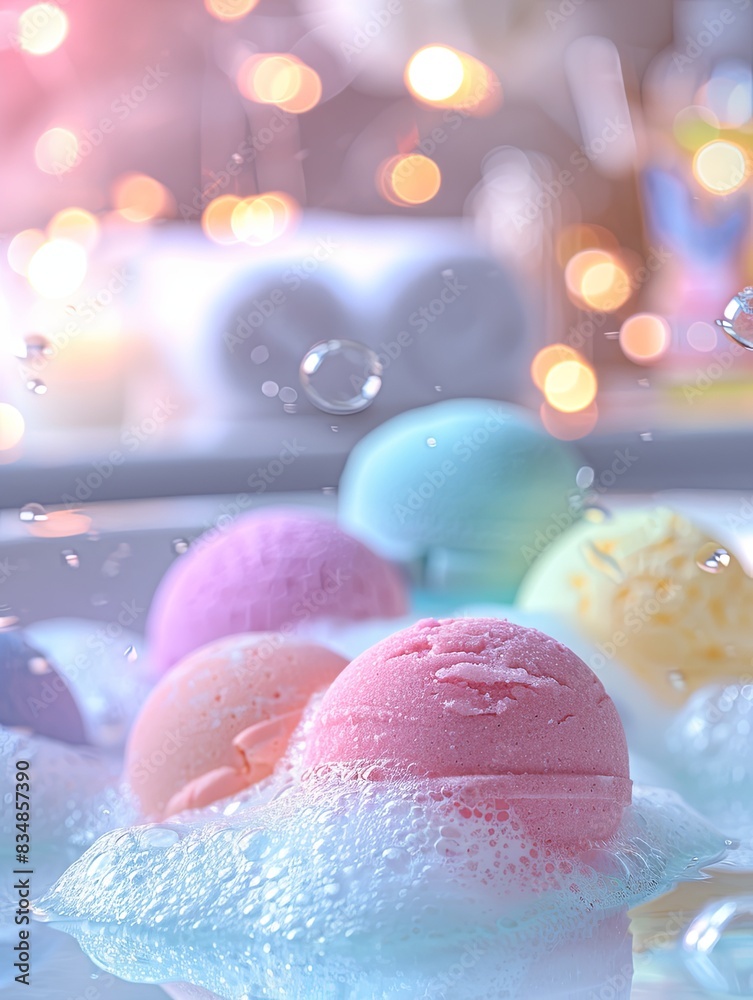 Poster closeup of bath bombs dissolving in a bubbly bath. generative ai