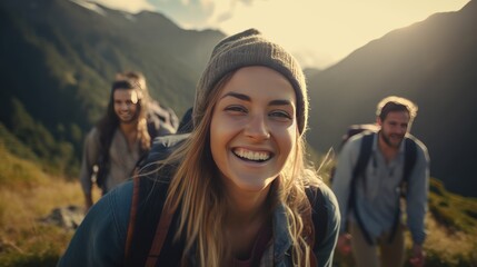group of friends hiking in the mountains, 