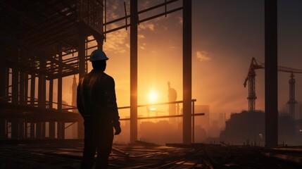 a lone construction worker standing amidst a bustling construction site, 