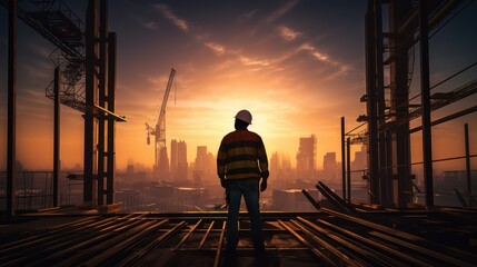 Fototapeta premium a lone construction worker standing amidst a bustling construction site,