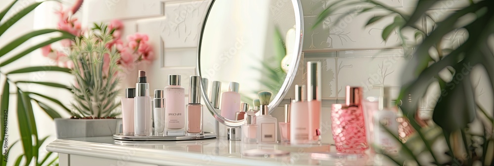 Poster a tabletop mirror surrounded by various cosmetic products on a vanity in a bright and inviting bathr