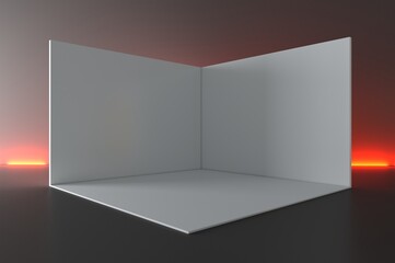 3D exhibition booth. Showroom. Square corner. Empty geometric square. Blank box template. White blank exhibition stand. Presentation event room.
