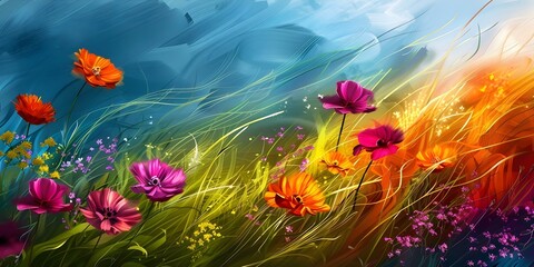 Spring meadow painting featuring blooming flowers and verdant grass. Concept Landscape Painting, Spring Meadow, Blooming Flowers, Verdant Grass, Nature Art