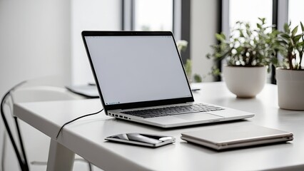 Fototapeta premium Modern workplace with laptop computer, coffee cup and office supplies