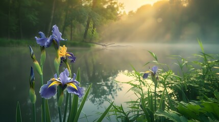 irises against a forest lake © Yelena