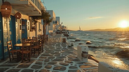 Fototapeta premium Seaside cafe at sunset with whitewashed buildings and cobblestone streets along the waterfront, creating a serene and picturesque scene, perfect for travel and lifestyle concepts