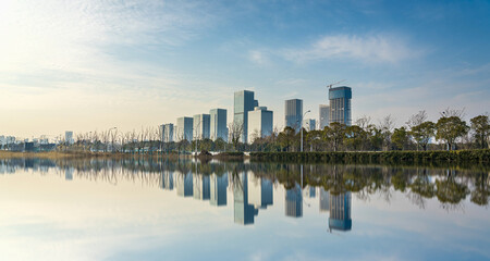A modern city by the lake