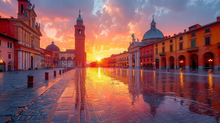 A breathtaking sunset at an Italian square with reflections on wet pavement and majestic architecture around