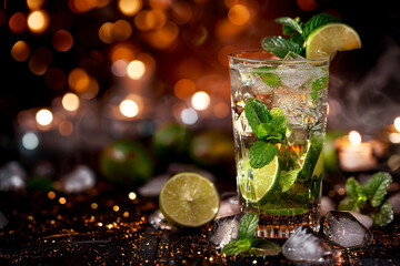 stylish cocktail: a tall glass of mojito garnished with fresh mint, lime slices, and ice.