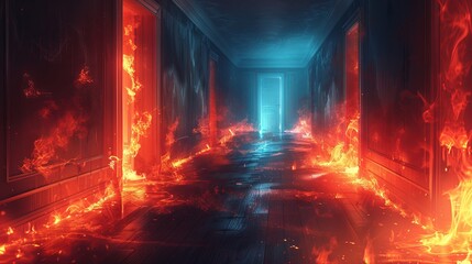 A digitally manipulated image portrays a fiery, bluish corridor with intense flames devouring the space