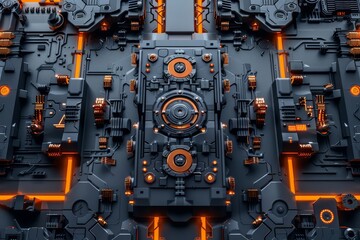 Fototapeta premium A futuristic device with orange and black mechanical components, resembling a hightech lock or security mechanism Closeup