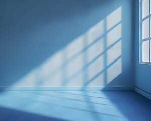 A blue background with the shadow of windows, light and shadows on the wall in a minimalist style