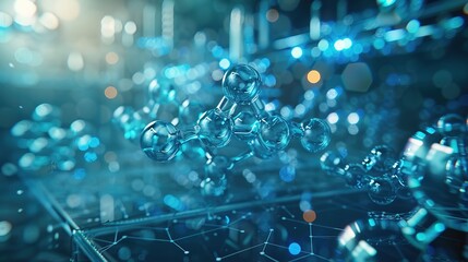 Pharmaceutical innovation, digital molecule visualization, lab testing in progress