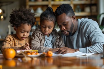 A close-up of parents reviewing their child's homework and school notes at the breakfast table. The child watches with interest and eagerness. The scene is set in a warm, family kitchen, emphasizing