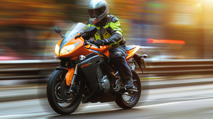 Motorcycle Rider Speeding on Highway in Bright Clothing