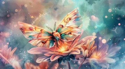 A kawaii watercolor of a moth, with delicate wings, resting on a glowing, magical flower in a whimsical fantasy garden, Clipart isolated on white