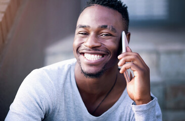 Stairs, smile and portrait of black man with phone call for contact, communication and...