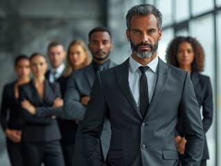 Suited man stands before business group