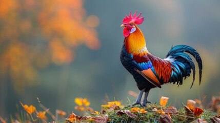 Fototapeta premium A vividly colored rooster stands proudly on a field with autumn leaves
