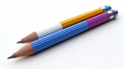 Fototapeta premium Two colorful pencils lying side by side on a white background. Represents concepts of creativity, writing, education, and art supplies