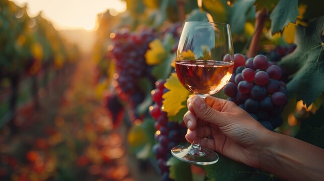A hand holding a glass of wine amidst the grapevines with a warm sunset in the background, reflecting wine culture